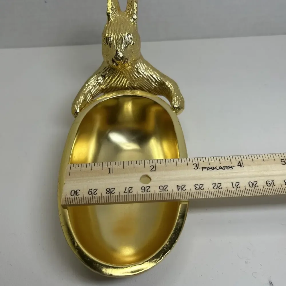 Goldtone Cast Metal Bunny Rabbit With Egg Shape Candy Trinket Dish Tray 6 X 4